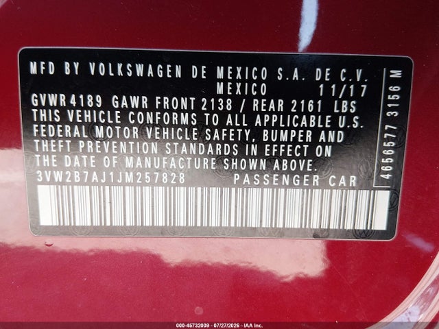 3VW2B7AJ1JM257828 Volkswagen Jetta 1.4t S