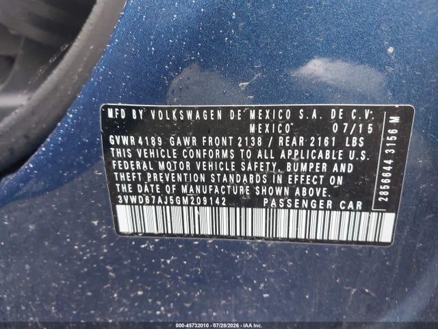 2016 Volkswagen Jetta 1.4t Se მანქანა იყიდება აუქციონზე, vin: 3VWD67AJ5GM209142, აუქციონის ნომერი: 45732010