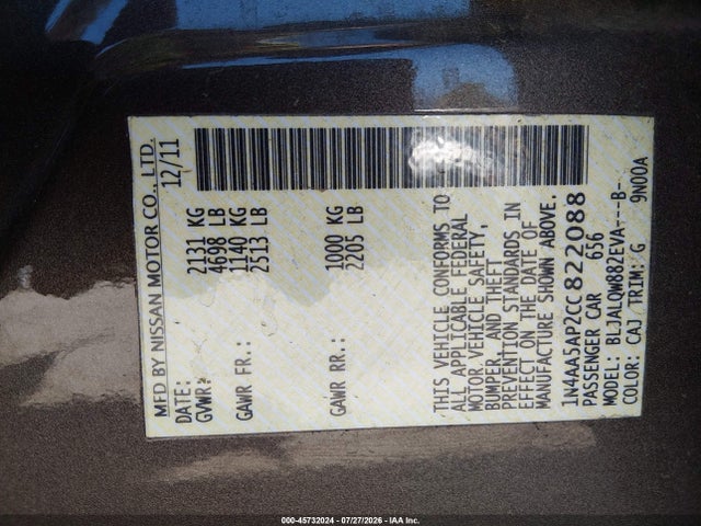 Aukcja sprzedaży 2012 Nissan Maxima 3.5 S, vin: 1N4AA5AP2CC822088, numer aukcji: 45732024
