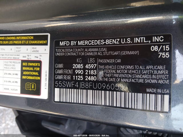 Продаж на аукціоні авто 2015 Mercedes-benz C 300, vin: 55SWF4JB8FU096050, номер лоту: 45732036