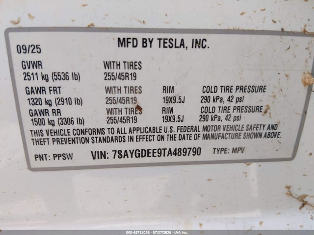 45732056 :رقم المزاد ، 7SAYGDEE9TA489790 vin ، 2026 Tesla Model Y All-wheel Drive/long Range Launch Series/premium All-wheel Drive مزاد بيع