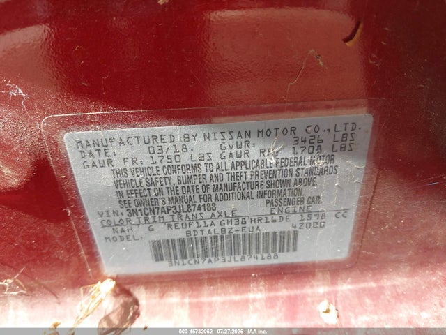 3N1CN7AP3JL874188 Nissan Versa 1.6 Sv