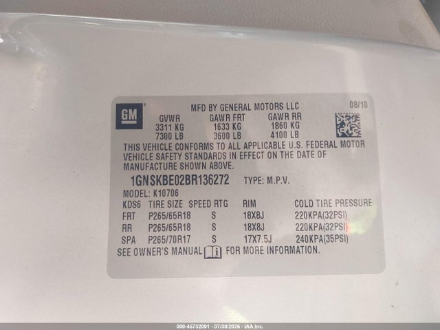 Продажа на аукционе авто 2011 Chevrolet Tahoe Lt, vin: 1GNSKBE02BR136272, номер лота: 45732091