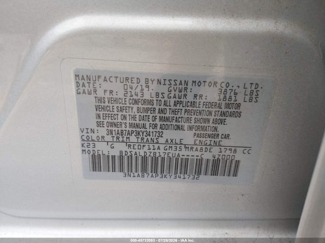 3N1AB7AP3KY341732 Nissan SENTRA SV