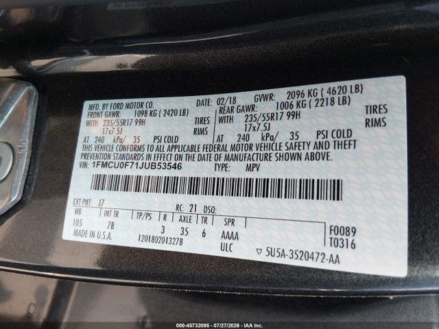 Продаж на аукціоні авто 2018 Ford Escape S, vin: 1FMCU0F71JUB53546, номер лоту: 45732095