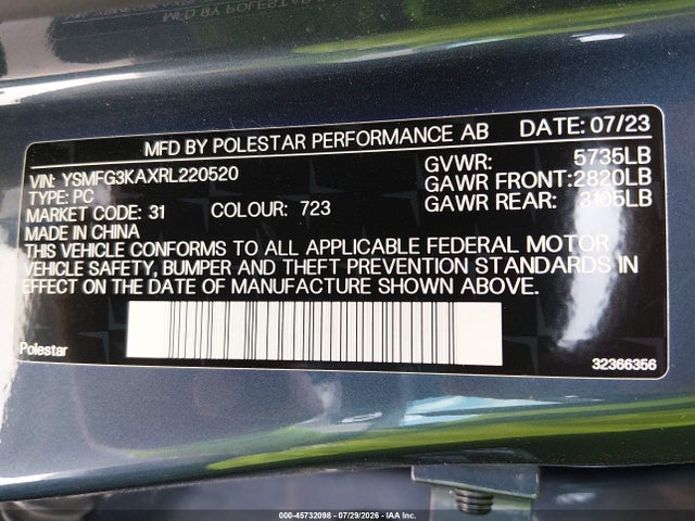Продаж на аукціоні авто 2024 Polestar 2 Long Range Dual Motor Performance Plus, vin: YSMFG3KAXRL220520, номер лоту: 45732098