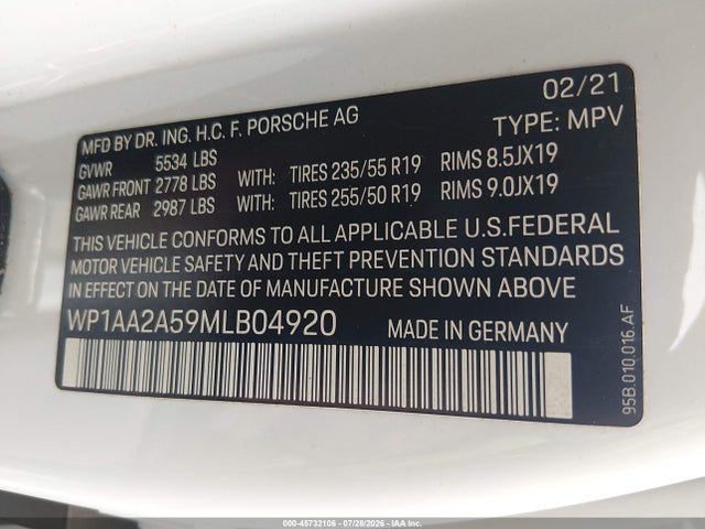 Aukcja sprzedaży 2021 Porsche Macan, vin: WP1AA2A59MLB04920, numer aukcji: 45732106