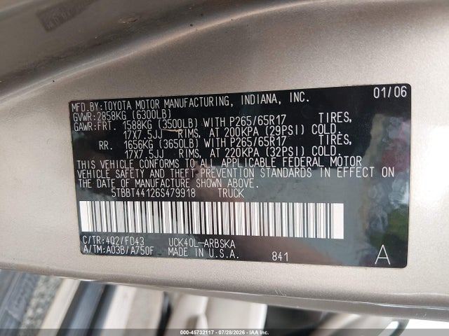 Продаж на аукціоні авто 2006 Toyota Tundra Sr5 V8, vin: 5TBBT44126S479918, номер лоту: 45732117