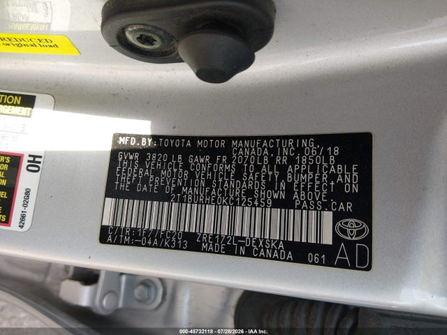 Aukcja sprzedaży 2019 Toyota Corolla Se, vin: 2T1BURHE0KC125459, numer aukcji: 45732118
