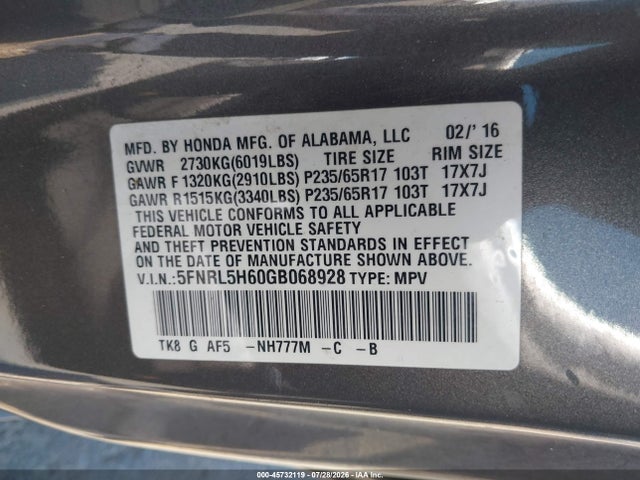 5FNRL5H60GB068928 Honda Odyssey Ex-l