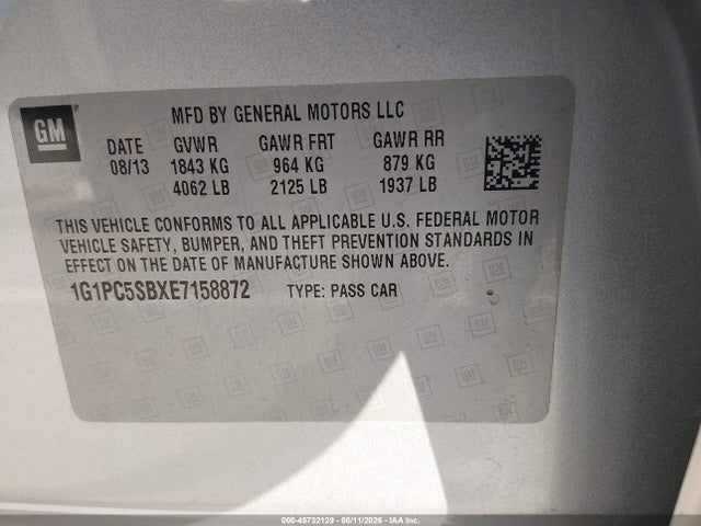 45732129 :رقم المزاد ، 1G1PC5SBXE7158872 vin ، 2014 Chevrolet Cruze 1lt Auto مزاد بيع