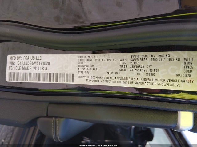 45732151 :رقم المزاد ، 1C4RJKBG6M8171028 vin ، 2021 Jeep Grand Cherokee L Limited 4x4 مزاد بيع