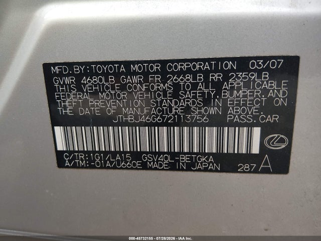 Продаж на аукціоні авто 2007 Lexus Es 350, vin: JTHBJ46G672113756, номер лоту: 45732155
