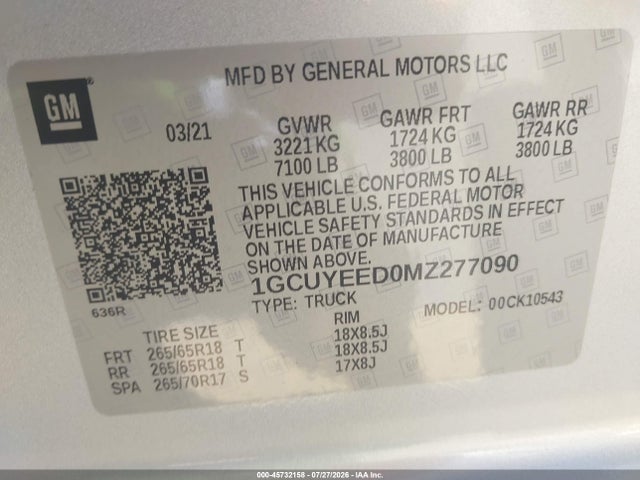 Продажа на аукционе авто 2021 Chevrolet Silverado 1500 4wd  Short Bed Rst, vin: 1GCUYEED0MZ277090, номер лота: 45732158