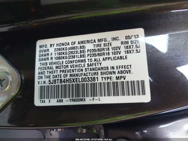 45732166 :رقم المزاد ، 5J8TB4H5XEL003381 vin ، 2014 Acura Rdx مزاد بيع
