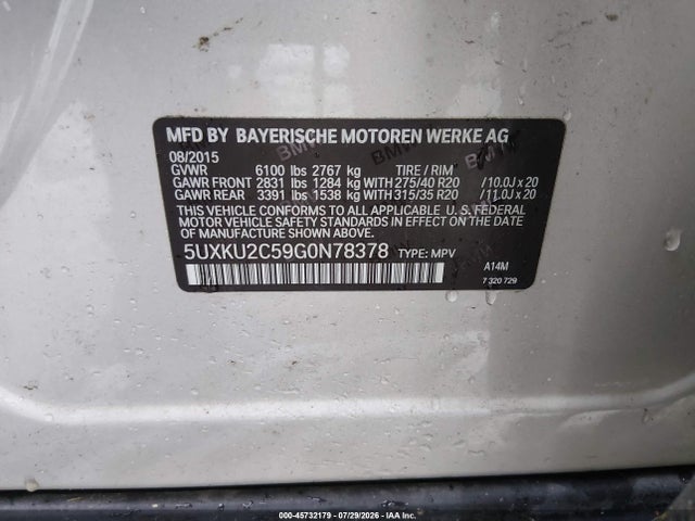 45732179 :رقم المزاد ، 5UXKU2C59G0N78378 vin ، 2016 Bmw X6 Xdrive35i مزاد بيع