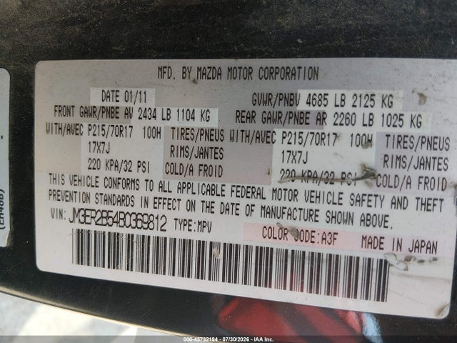 Aukcja sprzedaży 2011 Mazda Cx-7 I Sport, vin: JM3ER2B54B0369812, numer aukcji: 45732194