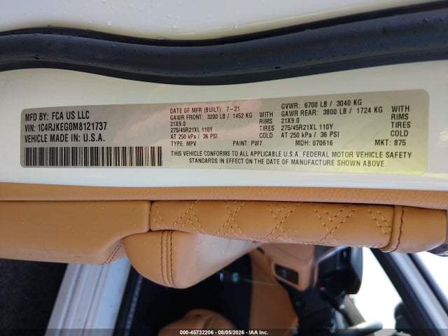 Продажа на аукционе авто 2021 Jeep Grand Cherokee L Summit Reserve 4x4, vin: 1C4RJKEG0M8121737, номер лота: 45732206