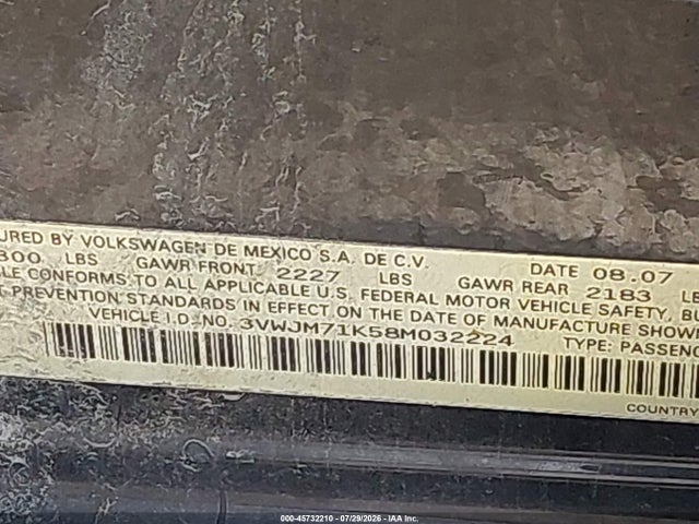Aukcja sprzedaży 2008 Volkswagen Jetta S, vin: 3VWJM71K58M032224, numer aukcji: 45732210