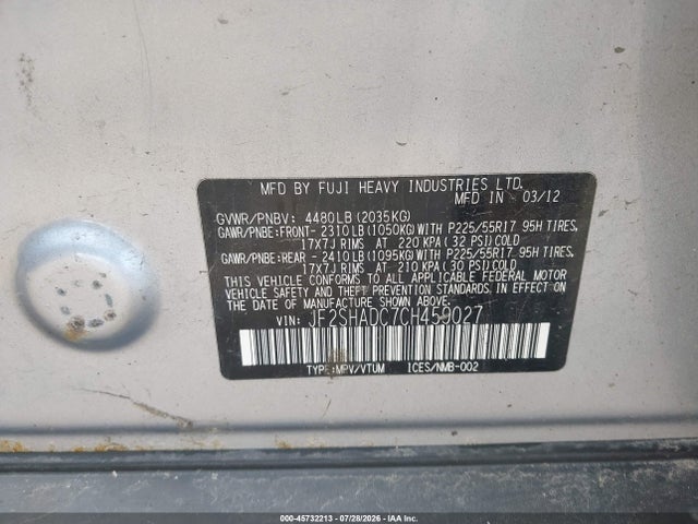 Aukcja sprzedaży 2012 Subaru Forester 2.5x Premium, vin: JF2SHADC7CH459027, numer aukcji: 45732213