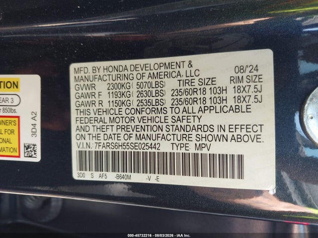45732216 :رقم المزاد ، 7FARS6H55SE025442 vin ، 2025 Honda Cr-v Hybrid Sport مزاد بيع