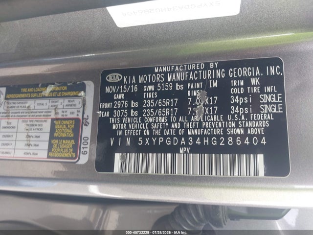 45732229 :رقم المزاد ، 5XYPGDA34HG286404 vin ، 2017 Kia Sorento 2.4l Lx مزاد بيع