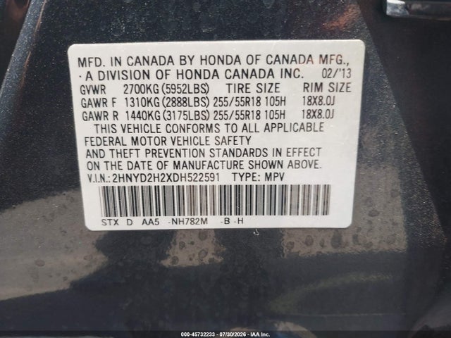 Продаж на аукціоні авто 2013 Acura Mdx, vin: 2HNYD2H2XDH522591, номер лоту: 45732233