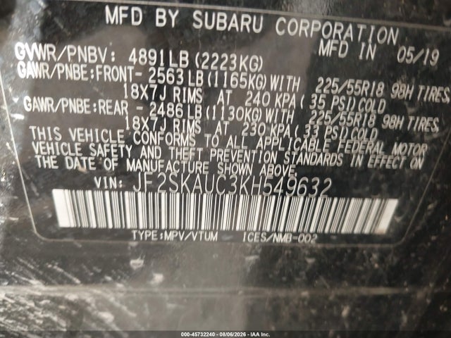 Aukcja sprzedaży 2019 Subaru Forester Limited, vin: JF2SKAUC3KH549632, numer aukcji: 45732240