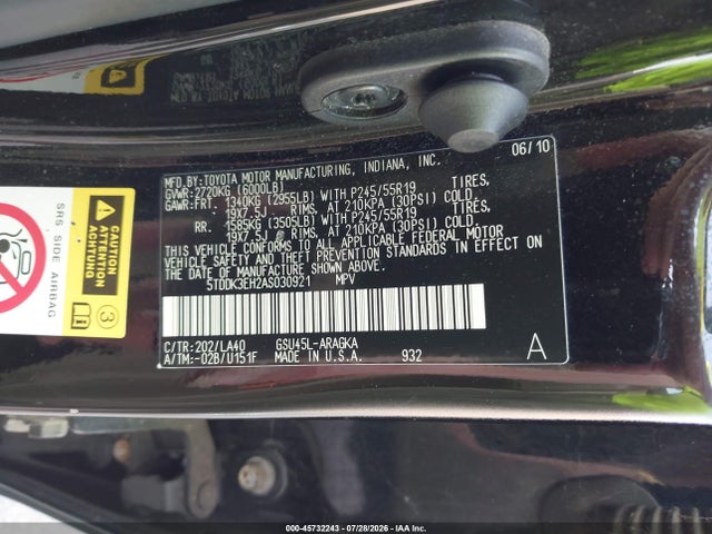 Продажа на аукционе авто 2010 Toyota Highlander Limited V6, vin: 5TDDK3EH2AS030921, номер лота: 45732243