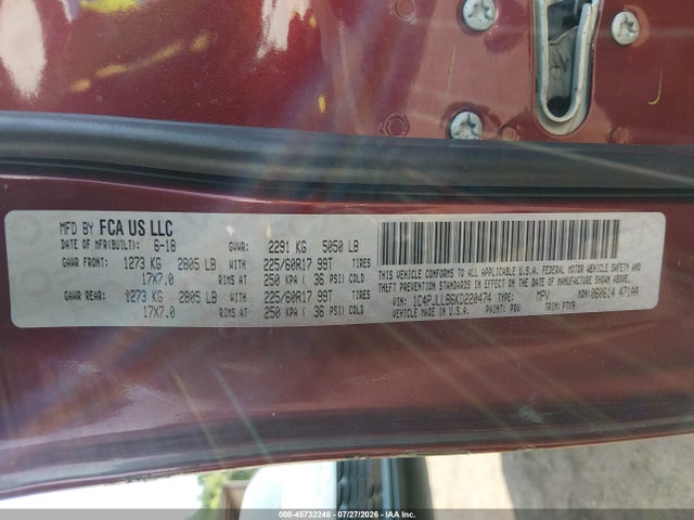 45732248 :رقم المزاد ، 1C4PJLLB6KD220474 vin ، 2019 Jeep Cherokee Latitude Plus Fwd مزاد بيع