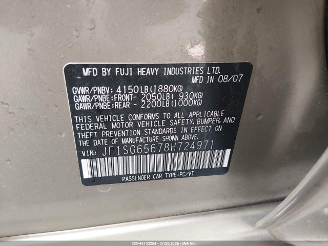 Aukcja sprzedaży 2008 Subaru Forester 2.5x, vin: JF1SG65678H724971, numer aukcji: 45732254