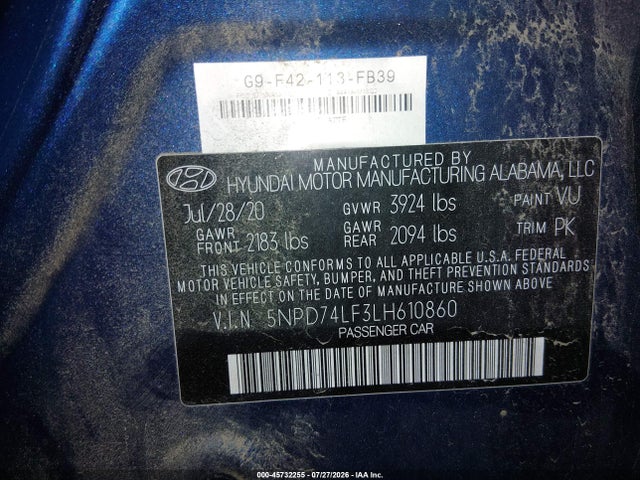 45732255 :رقم المزاد ، 5NPD74LF3LH610860 vin ، 2020 Hyundai Elantra Se مزاد بيع