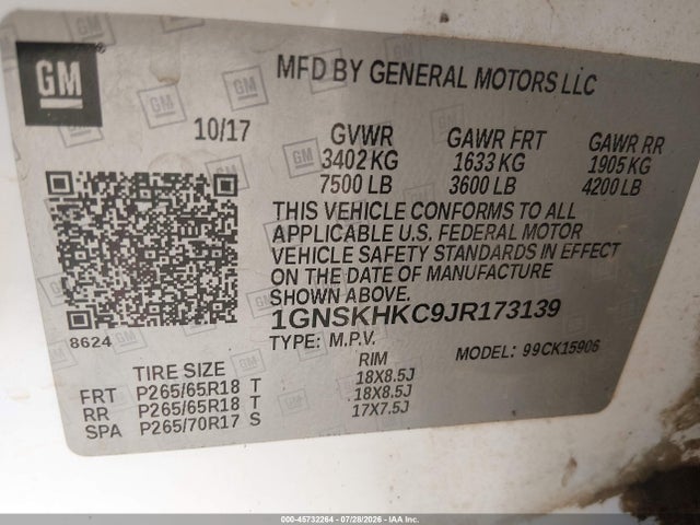 Продаж на аукціоні авто 2018 Chevrolet Suburban Lt, vin: 1GNSKHKC9JR173139, номер лоту: 45732264