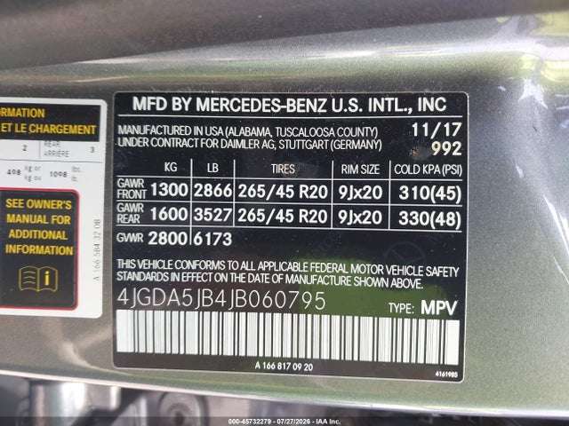 Aukcja sprzedaży 2018 Mercedes-benz Gle 350, vin: 4JGDA5JB4JB060795, numer aukcji: 45732279