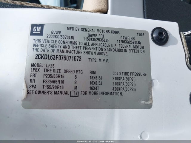 45732280 :رقم المزاد ، 2CKDL63F076071673 vin ، 2007 Pontiac Torrent مزاد بيع
