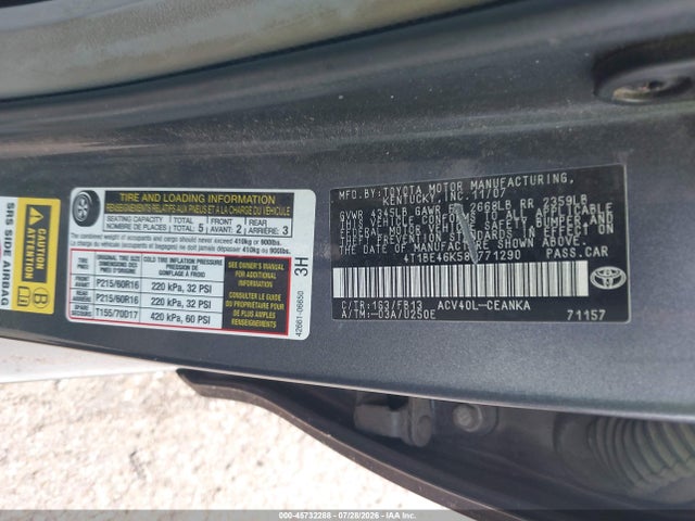 2008 Toyota Camry Le მანქანა იყიდება აუქციონზე, vin: 4T1BE46K58U771290, აუქციონის ნომერი: 45732288