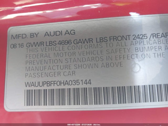 45732289 :رقم المزاد ، WAUUPBFF0HA035144 vin ، 2017 Audi A3 Sportback E-tron Premium مزاد بيع