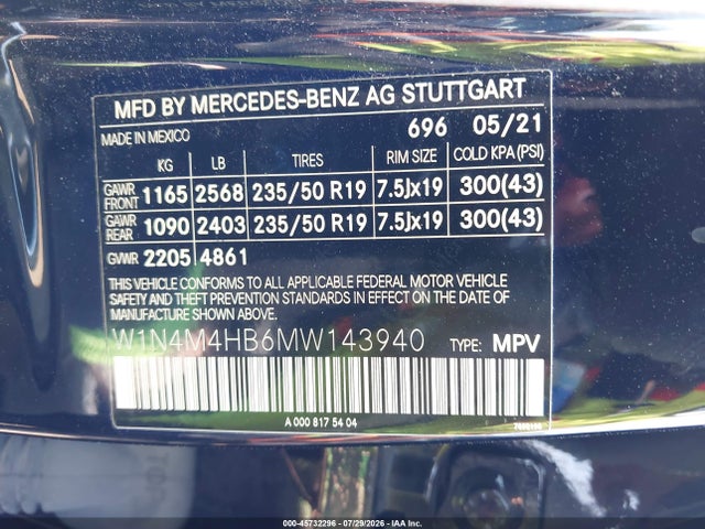 Aukcja sprzedaży 2021 Mercedes-benz Glb 250 4matic, vin: W1N4M4HB6MW143940, numer aukcji: 45732296