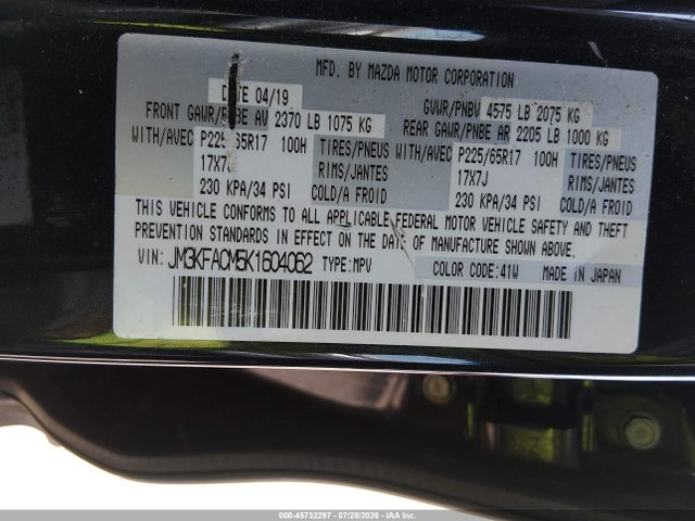 45732297 :رقم المزاد ، JM3KFACM5K1604062 vin ، 2019 Mazda Cx-5 Touring مزاد بيع