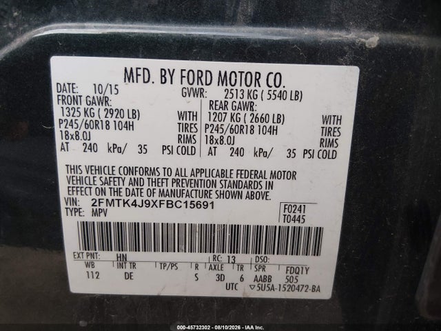 45732302 :رقم المزاد ، 2FMTK4J9XFBC15691 vin ، 2015 Ford Edge Sel مزاد بيع