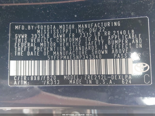 45732305 :رقم المزاد ، 5YFEPMAE5NP343340 vin ، 2022 Toyota Corolla Le مزاد بيع