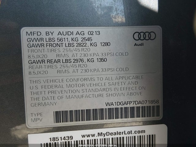 45732318 :رقم المزاد ، WA1DGAFP7DA071858 vin ، 2013 Audi Q5 3.0t Premium Plus مزاد بيع