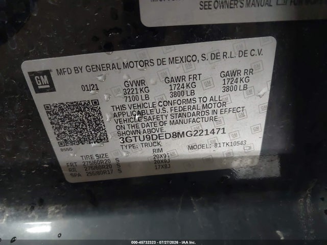 Aukcja sprzedaży 2021 Gmc Sierra 1500 4wd  Short Box Slt, vin: 3GTU9DED8MG221471, numer aukcji: 45732323