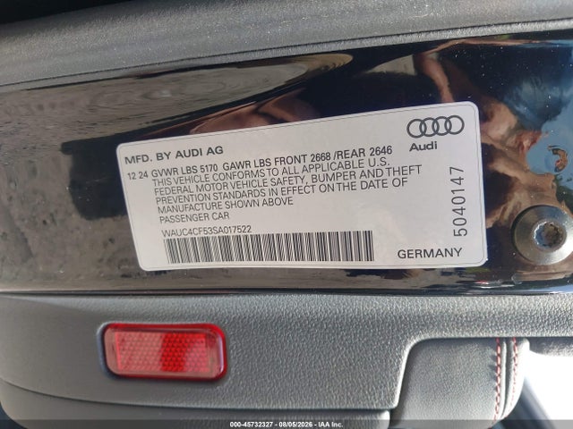2025 Audi S5 Sportback Premium Tfsi Quattro Tiptronic მანქანა იყიდება აუქციონზე, vin: WAUC4CF53SA017522, აუქციონის ნომერი: 45732327
