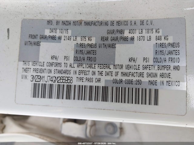 Aukcja sprzedaży 2016 Mazda Mazda3 I Sport, vin: 3MZBM1J74GM265958, numer aukcji: 45732337
