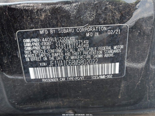 45732360 :رقم المزاد ، JF1VA1C68M9802022 vin ، 2021 Subaru Wrx Premium مزاد بيع