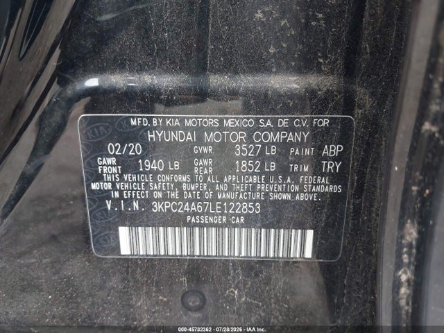 45732362 :رقم المزاد ، 3KPC24A67LE122853 vin ، 2020 Hyundai Accent Sel مزاد بيع