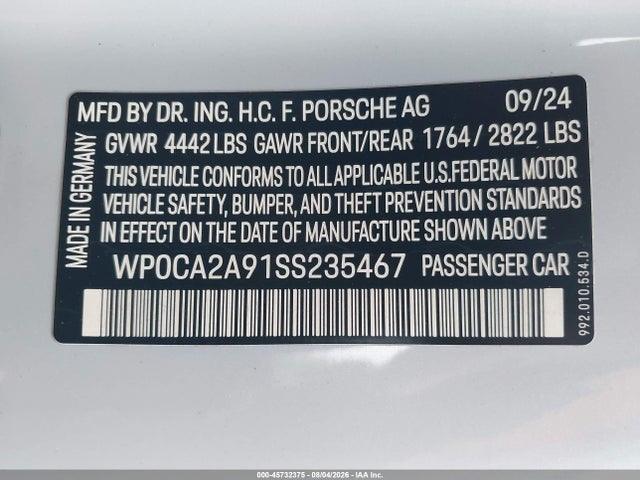 Продаж на аукціоні авто 2025 Porsche 911 Carrera Cabriolet/carrera T Cabriolet, vin: WP0CA2A91SS235467, номер лоту: 45732375