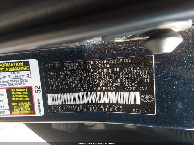 45732386 :رقم المزاد ، 4T1G11AK1LU887666 vin ، 2020 Toyota Camry Se مزاد بيع