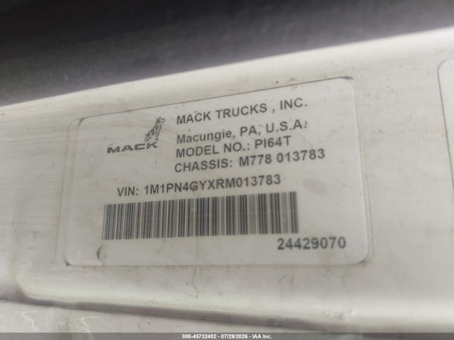 45732402 :رقم المزاد ، 1M1PN4GYXRM013783 vin ، 2024 Mack Pinnacle مزاد بيع